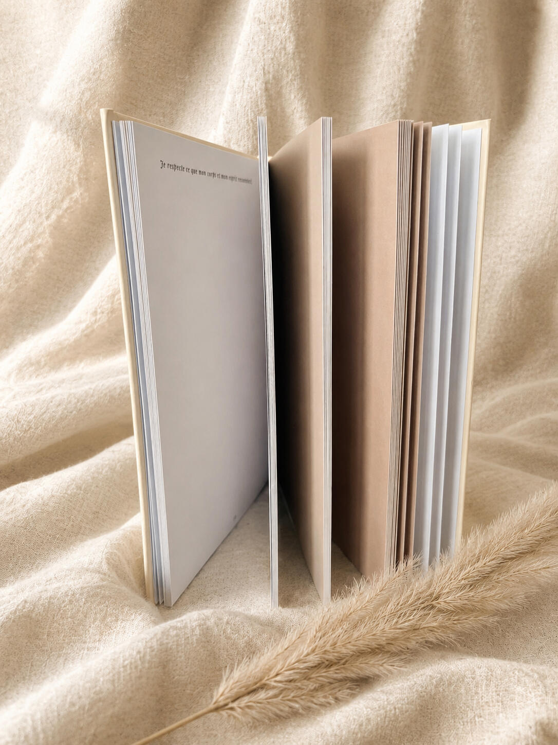 Carnet MAGNETIKA ouvert de profil, avec ses pages beige, crème et blanches