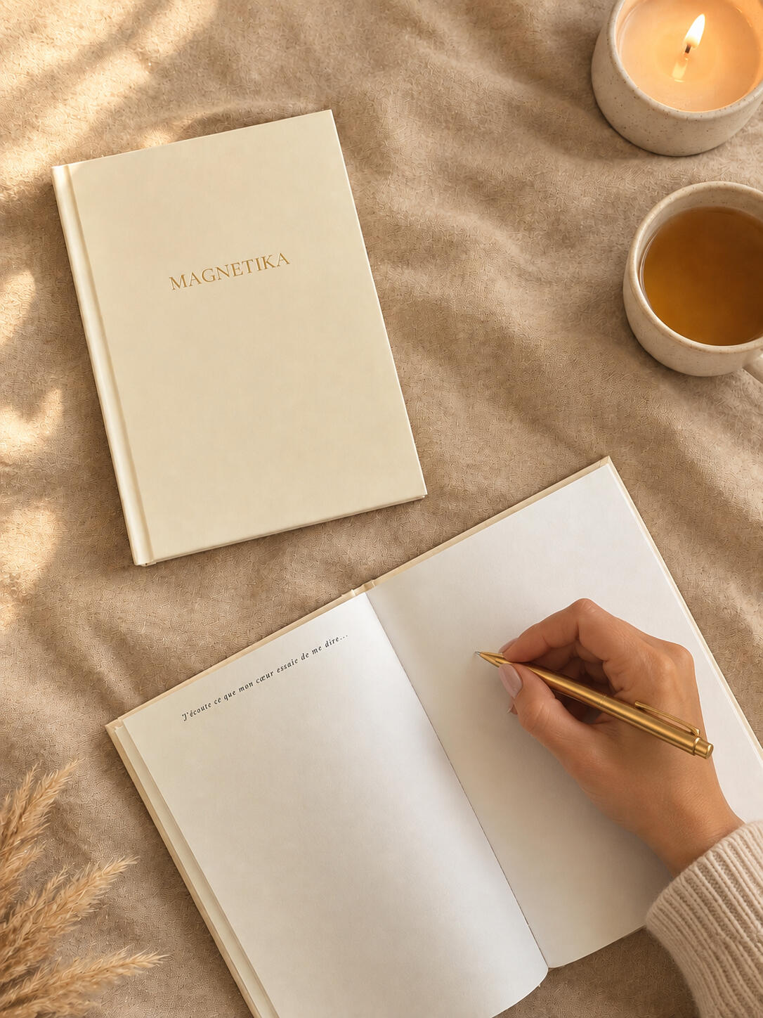 Carnet MAGNETIKA fermé et carnet ouvert, une main écrit avec un stylo doré, à côté d'une bougie et d'une tasse de thé